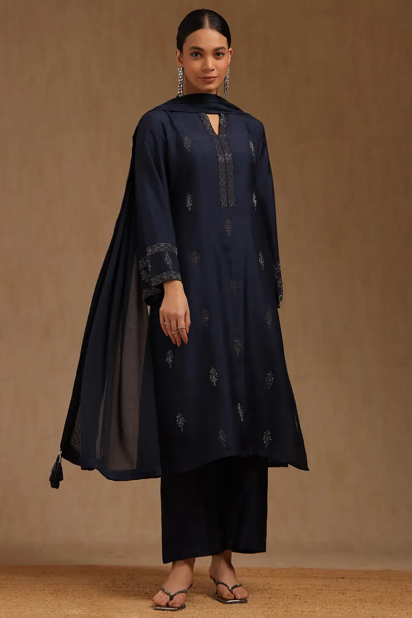 Navy Blue Dola Silk Stone Work Embellished Suit Set